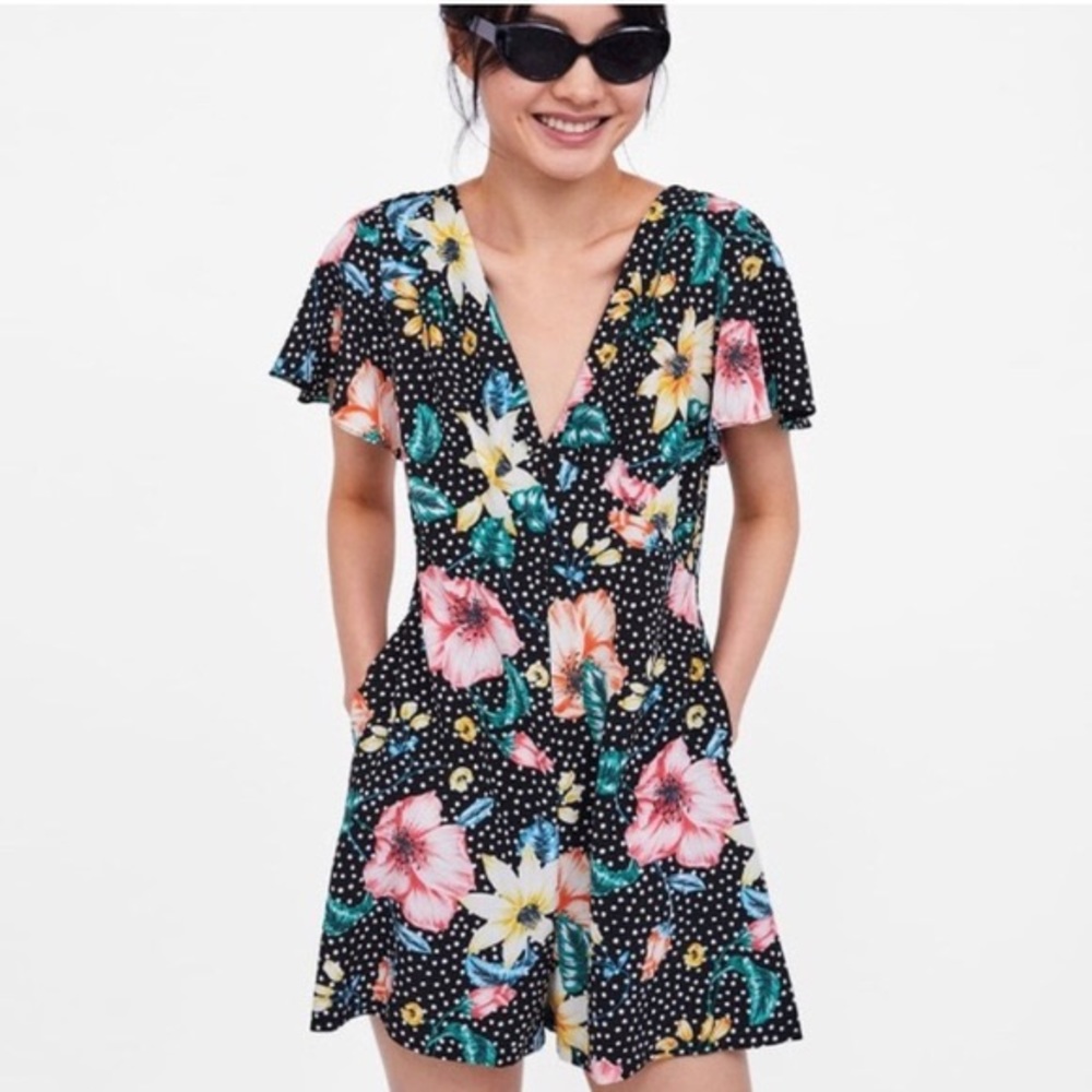 Zara Black Floral Print Flutter Sleeve Romper